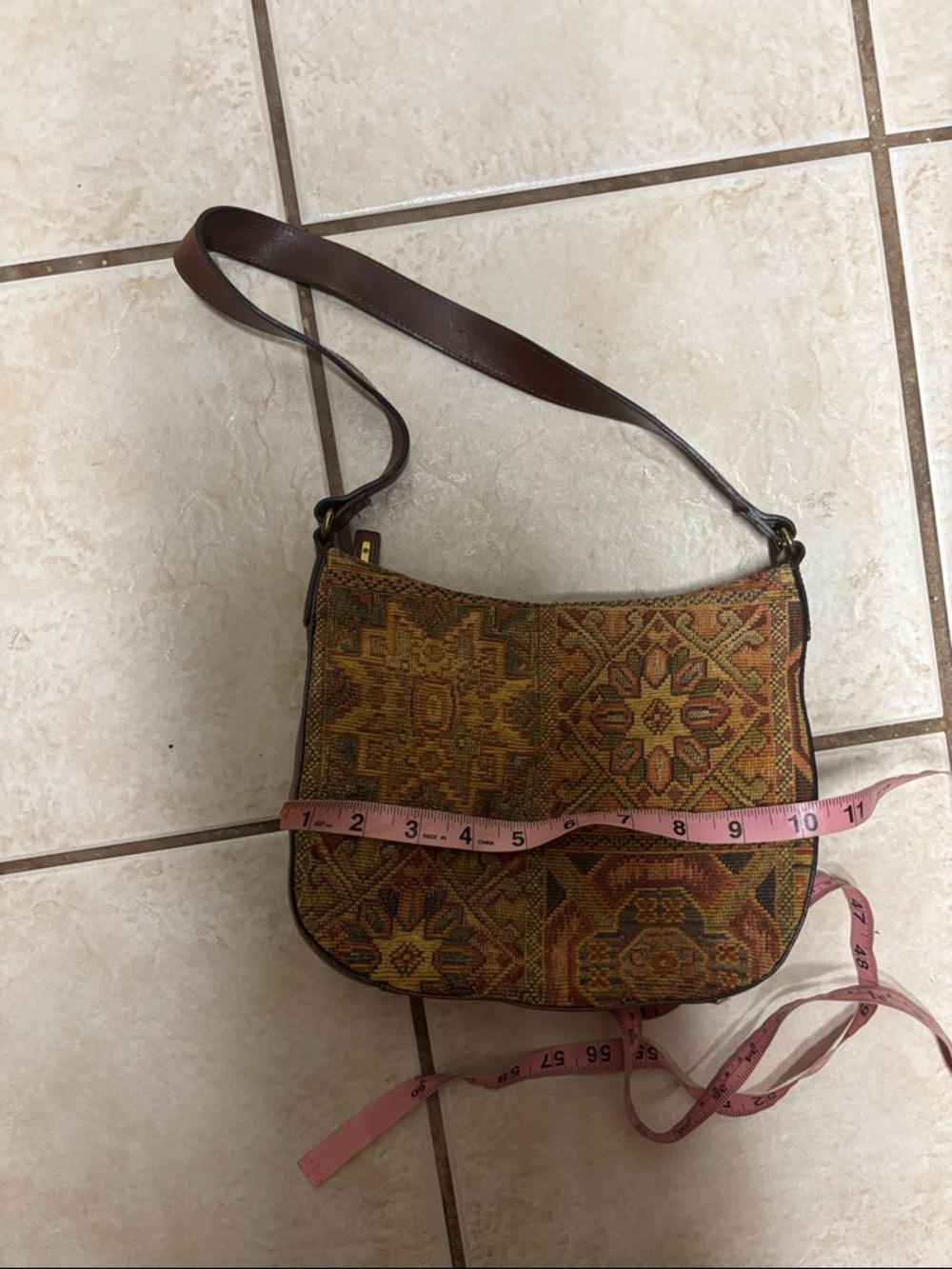 VTG y2k Fossil tapestry hobo shoulder bag brown leather strap boho - Picture 8 of 10